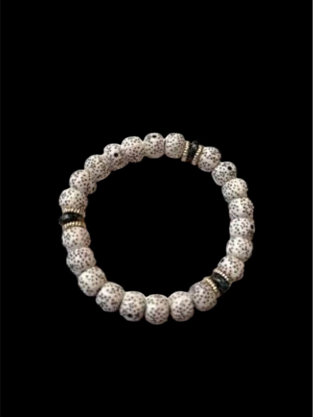 White Speckled Bead Stretch Bracelet with Metallic Accents - Women's Jewelry